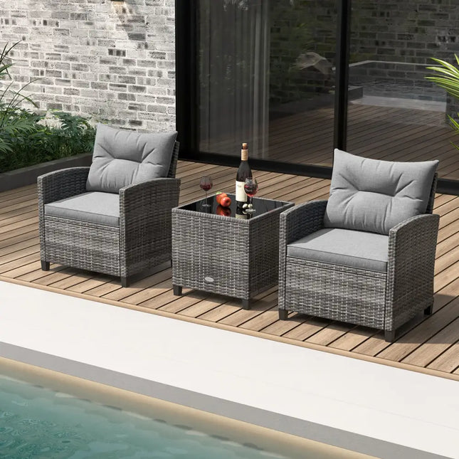 3 Pieces Outdoor Wicker Conversation Set with Tempered Glass Tabletop-Gray - Gray - Patio Conversation Sets