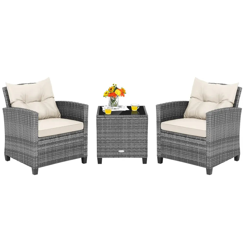 3 Pieces Outdoor Wicker Conversation Set with Tempered Glass Tabletop-White - White - Patio Conversation Sets