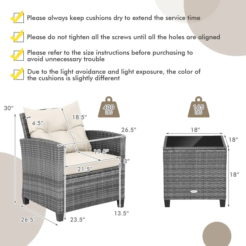 3 Pieces Outdoor Wicker Conversation Set with Tempered Glass Tabletop-White - White - Patio Conversation Sets
