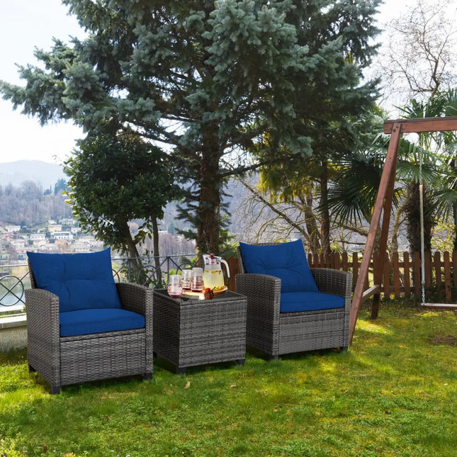 3 Pieces Outdoor Wicker Conversation Set with Tempered Glass Tabletop-Navy - Navy - Patio Conversation Sets