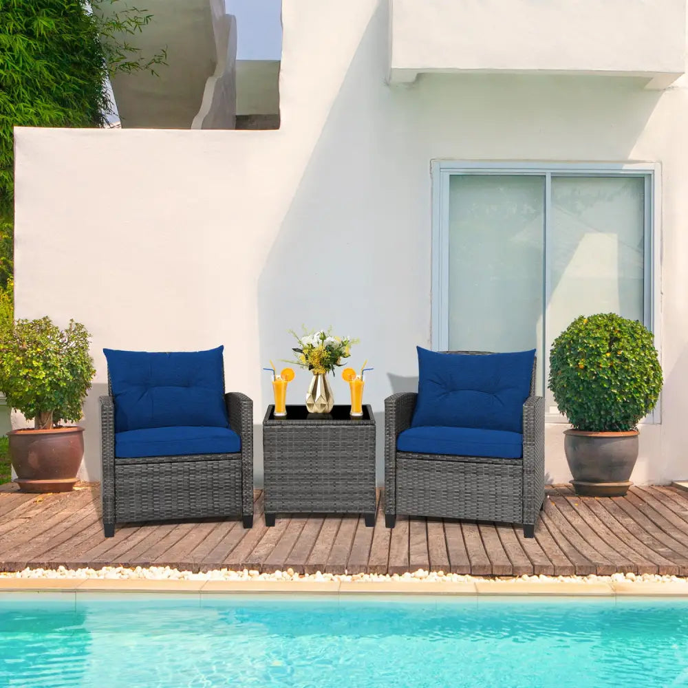 3 Pieces Outdoor Wicker Conversation Set with Tempered Glass Tabletop-Navy - Navy - Patio Conversation Sets