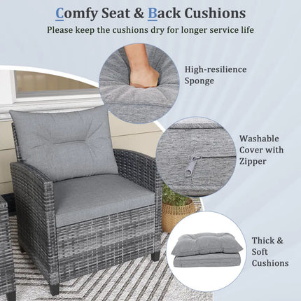 3 Pieces Outdoor Wicker Conversation Set with Tempered Glass Tabletop-Gray - Gray - Patio Conversation Sets