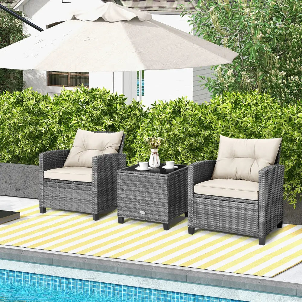 3 Pieces Outdoor Wicker Conversation Set with Tempered Glass Tabletop-White - White - Patio Conversation Sets