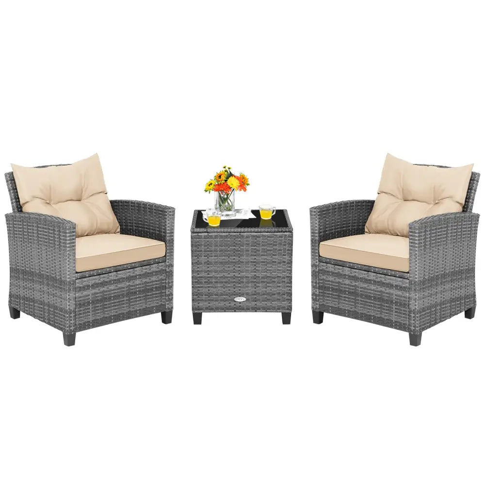 3 Pieces Outdoor Wicker Conversation Set with Tempered Glass Tabletop-Beige - Beige - Patio Conversation Sets