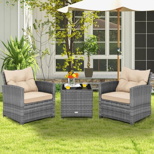 3 Pieces Outdoor Wicker Conversation Set with Tempered Glass Tabletop-Beige - Beige - Patio Conversation Sets