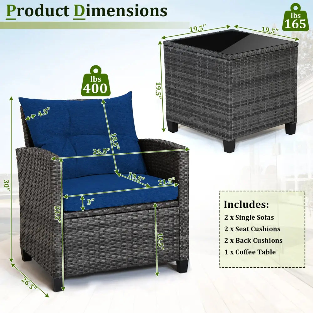 3 Pieces Outdoor Wicker Conversation Set with Tempered Glass Tabletop-Navy - Navy - Patio Conversation Sets