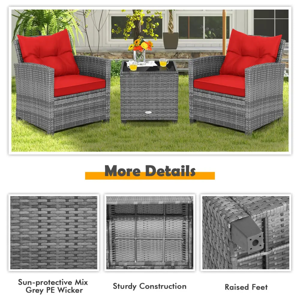 3 Pieces Outdoor Wicker Conversation Set with Tempered Glass Tabletop-Red - Red - Patio Conversation Sets