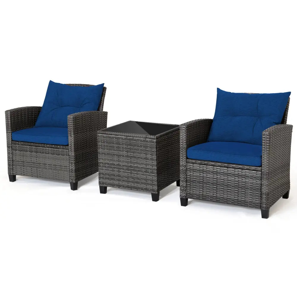 3 Pieces Outdoor Wicker Conversation Set with Tempered Glass Tabletop-Navy - Navy - Patio Conversation Sets