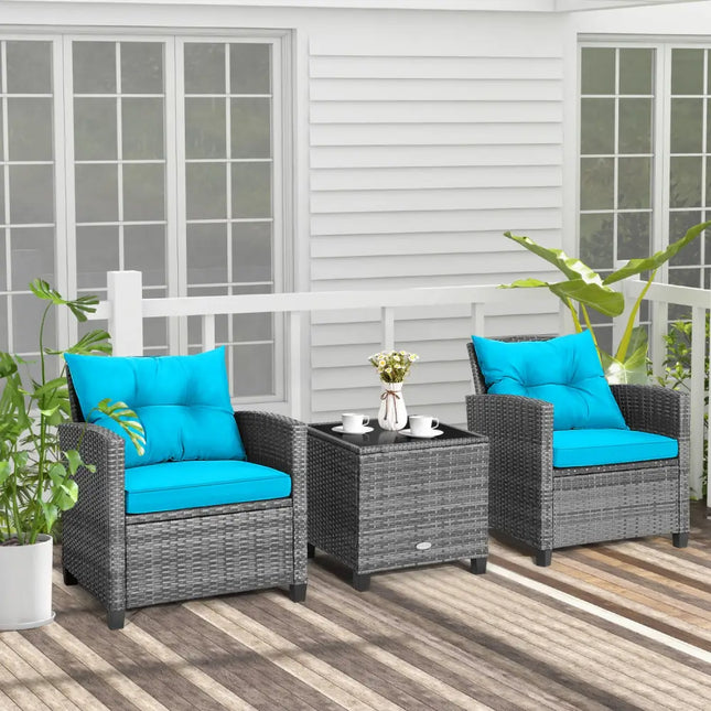 3 Pieces Outdoor Wicker Conversation Set with Tempered Glass Tabletop-Turquoise - Turquoise - Patio Conversation Sets