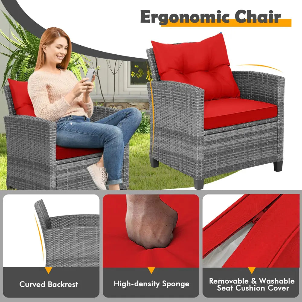 3 Pieces Outdoor Wicker Conversation Set with Tempered Glass Tabletop-Red - Red - Patio Conversation Sets