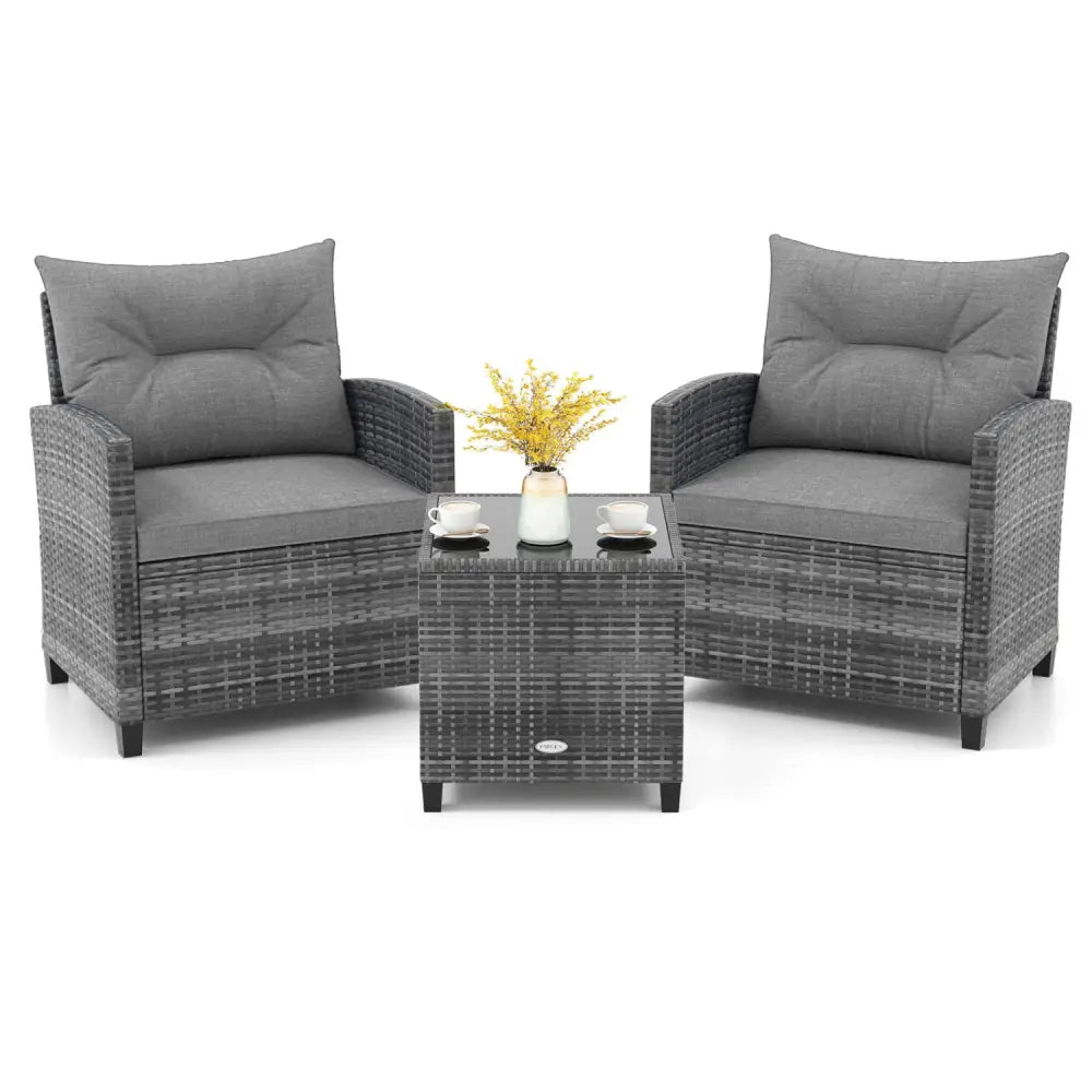 3 Pieces Outdoor Wicker Conversation Set with Tempered Glass Tabletop-Gray - Gray - Patio Conversation Sets