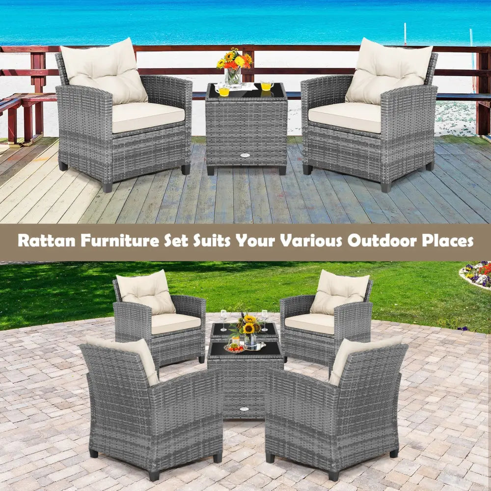 3 Pieces Outdoor Wicker Conversation Set with Tempered Glass Tabletop-White - White - Patio Conversation Sets