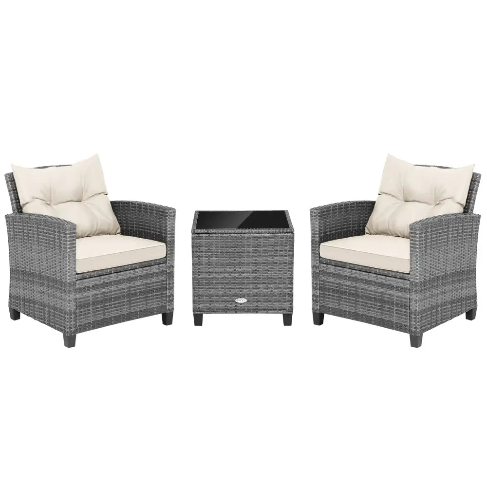3 Pieces Outdoor Wicker Conversation Set with Tempered Glass Tabletop-White - White - Patio Conversation Sets