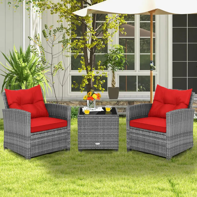 3 Pieces Outdoor Wicker Conversation Set with Tempered Glass Tabletop-Red - Red - Patio Conversation Sets