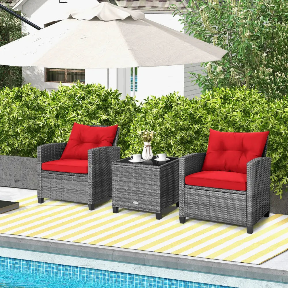 3 Pieces Outdoor Wicker Conversation Set with Tempered Glass Tabletop-Red - Red - Patio Conversation Sets