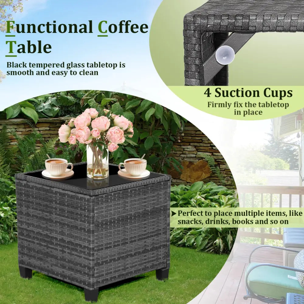 3 Pieces Outdoor Wicker Conversation Set with Tempered Glass Tabletop-Navy - Navy - Patio Conversation Sets