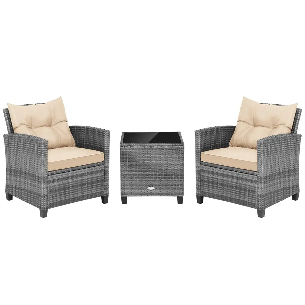 3 Pieces Outdoor Wicker Conversation Set with Tempered Glass Tabletop-Beige - Beige - Patio Conversation Sets