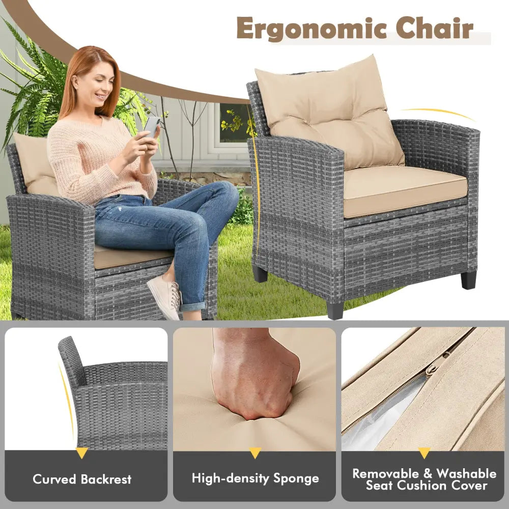 3 Pieces Outdoor Wicker Conversation Set with Tempered Glass Tabletop-Beige - Beige - Patio Conversation Sets