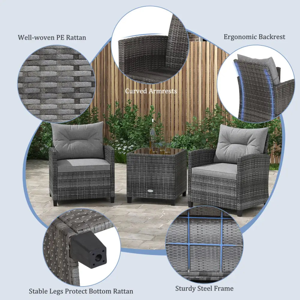 3 Pieces Outdoor Wicker Conversation Set with Tempered Glass Tabletop-Gray - Gray - Patio Conversation Sets