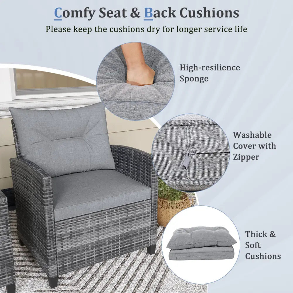 3 Pieces Outdoor Wicker Conversation Set with Tempered Glass Tabletop-Gray - Gray - Patio Conversation Sets