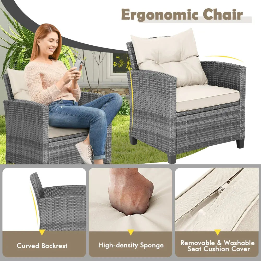 3 Pieces Outdoor Wicker Conversation Set with Tempered Glass Tabletop-White - White - Patio Conversation Sets