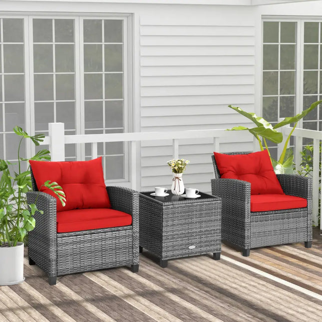3 Pieces Outdoor Wicker Conversation Set with Tempered Glass Tabletop-Red - Red - Patio Conversation Sets