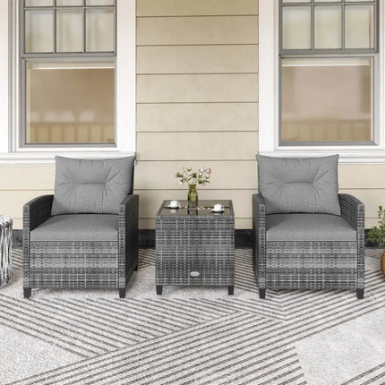 3 Pieces Outdoor Wicker Conversation Set with Tempered Glass Tabletop-Gray - Gray - Patio Conversation Sets