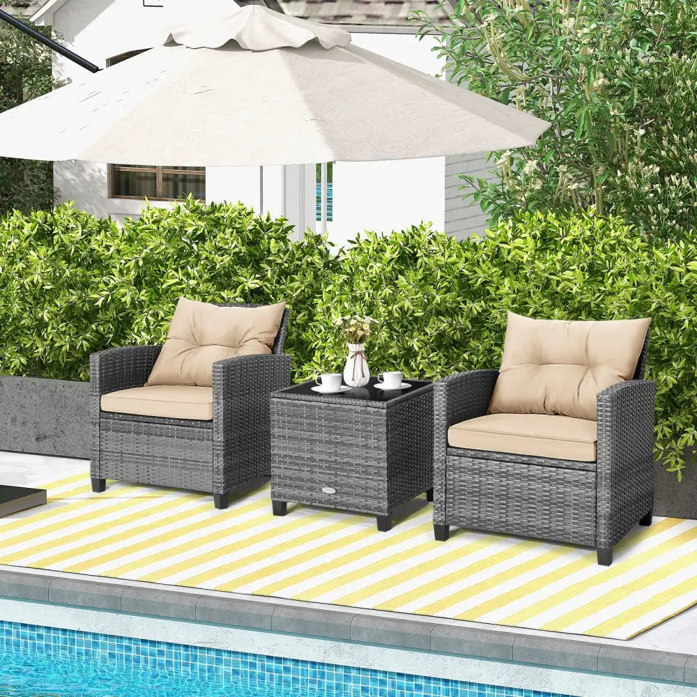 3 Pieces Outdoor Wicker Conversation Set with Tempered Glass Tabletop-Beige - Beige - Patio Conversation Sets