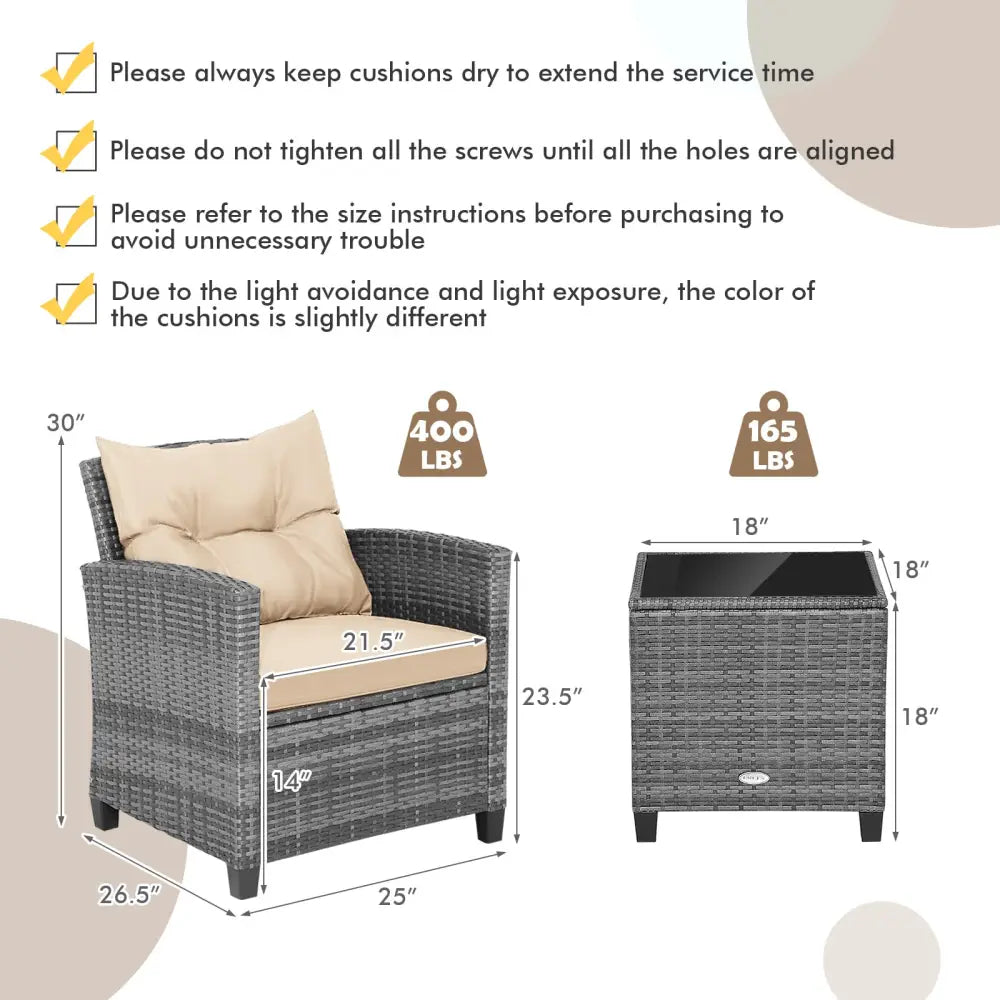 3 Pieces Outdoor Wicker Conversation Set with Tempered Glass Tabletop-Beige - Beige - Patio Conversation Sets