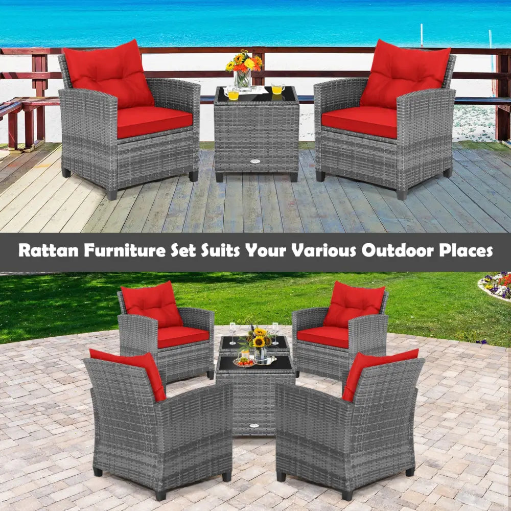 3 Pieces Outdoor Wicker Conversation Set with Tempered Glass Tabletop-Red - Red - Patio Conversation Sets