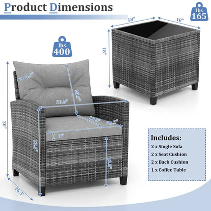 3 Pieces Outdoor Wicker Conversation Set with Tempered Glass Tabletop-Gray - Gray - Patio Conversation Sets