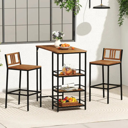 3 Pieces Outdoor Wood Bar Set with 3-Tier Storage Shelf and Metal Frame - Brown - Patio Bar Furniture