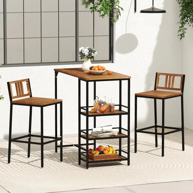 3 Pieces Outdoor Wood Bar Set with 3-Tier Storage Shelf and Metal Frame - Brown - Patio Bar Furniture