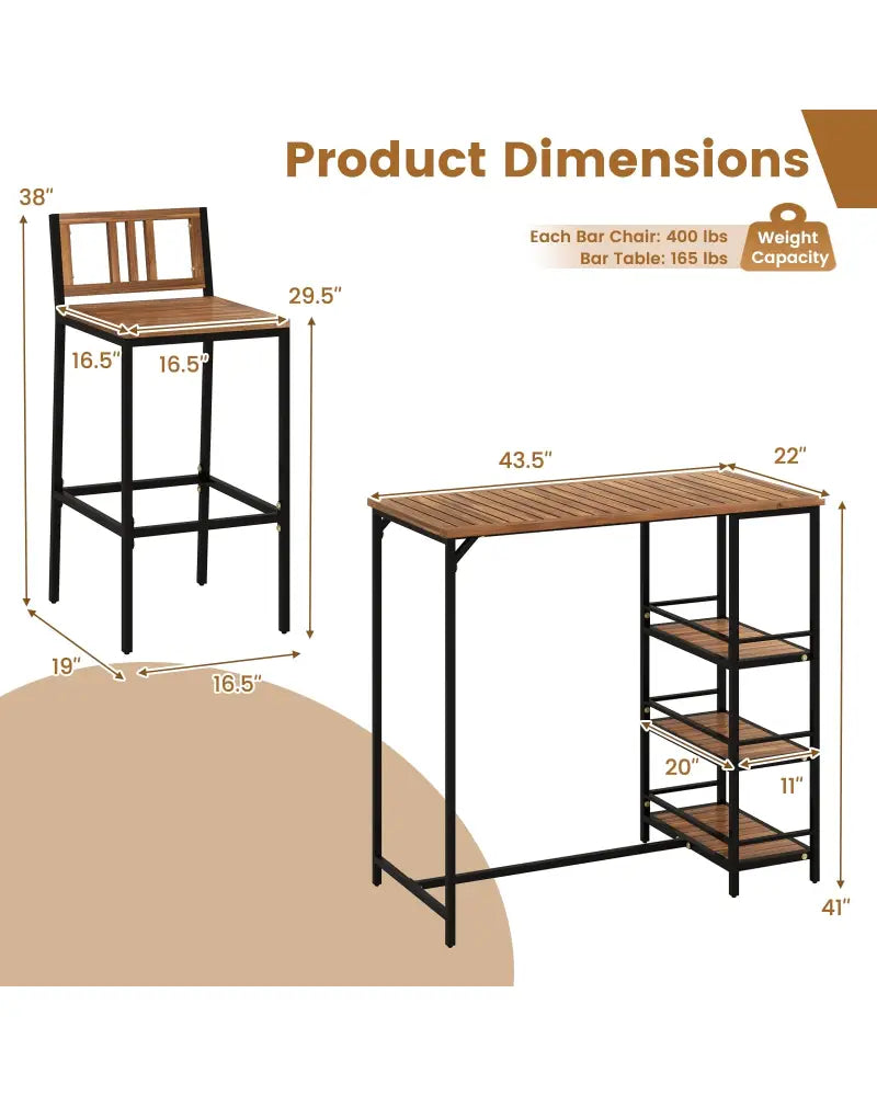 3 Pieces Outdoor Wood Bar Set with 3-Tier Storage Shelf and Metal Frame - Brown - Patio Bar Furniture