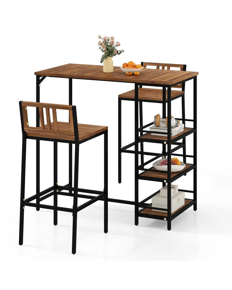 3 Pieces Outdoor Wood Bar Set with 3-Tier Storage Shelf and Metal Frame - Brown - Patio Bar Furniture