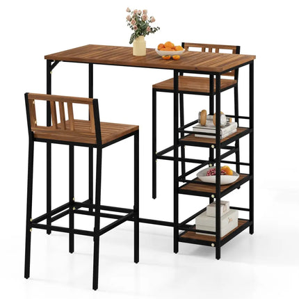 3 Pieces Outdoor Wood Bar Set with 3-Tier Storage Shelf and Metal Frame - Brown - Patio Bar Furniture