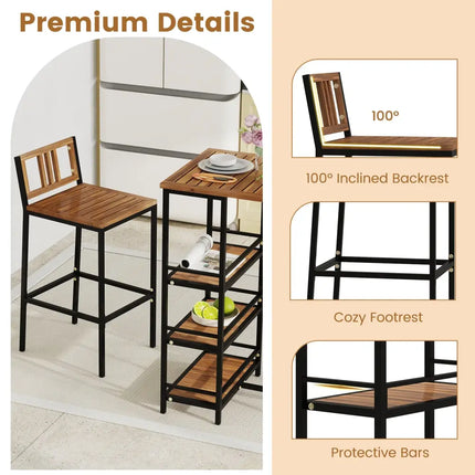 3 Pieces Outdoor Wood Bar Set with 3-Tier Storage Shelf and Metal Frame - Brown - Patio Bar Furniture