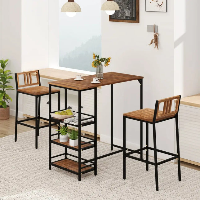 3 Pieces Outdoor Wood Bar Set with 3-Tier Storage Shelf and Metal Frame - Brown - Patio Bar Furniture
