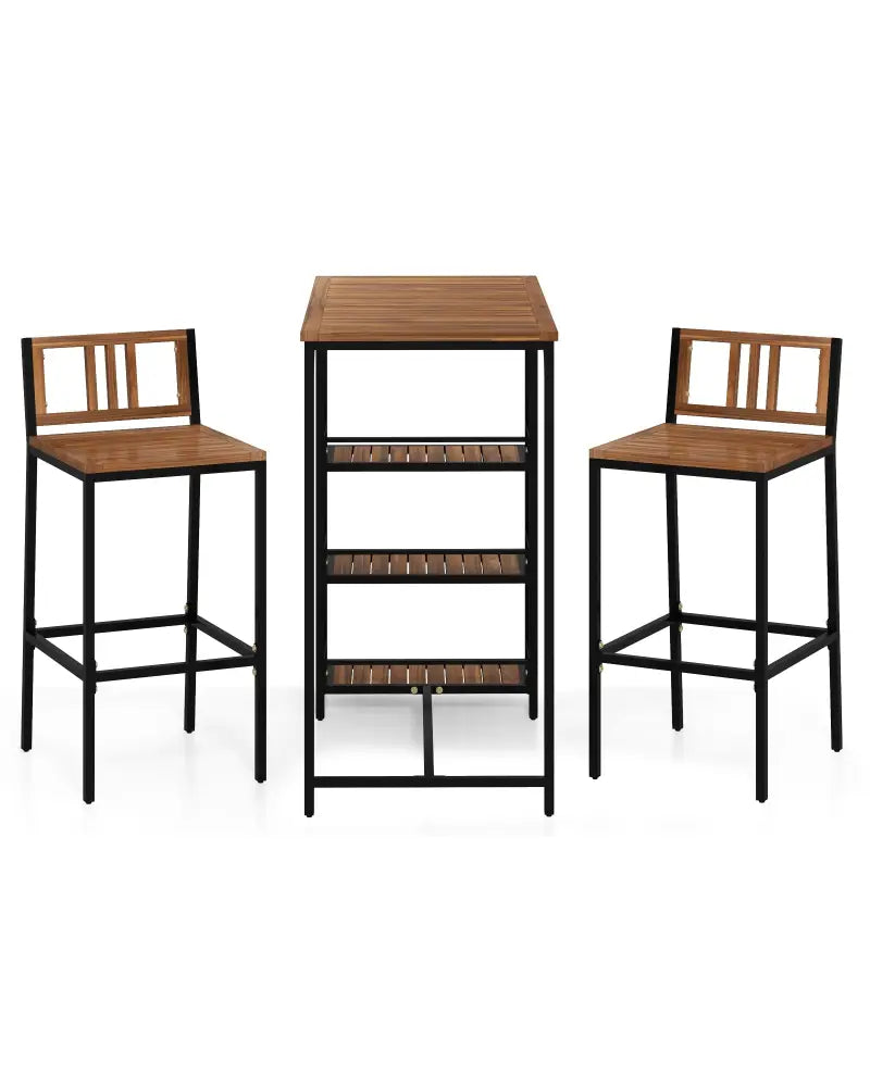 3 Pieces Outdoor Wood Bar Set with 3-Tier Storage Shelf and Metal Frame - Brown - Patio Bar Furniture