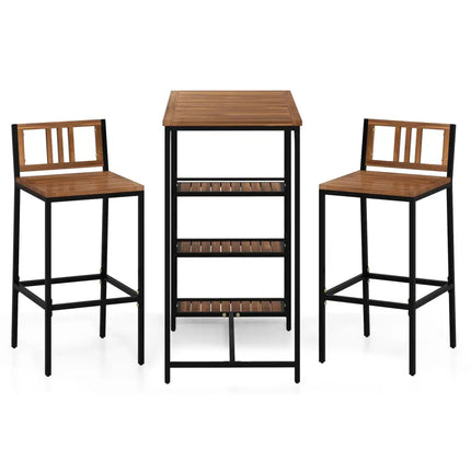 3 Pieces Outdoor Wood Bar Set with 3-Tier Storage Shelf and Metal Frame - Brown - Patio Bar Furniture