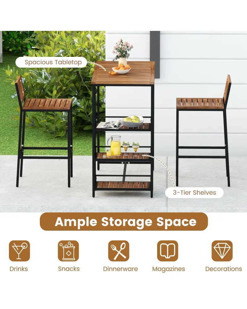 3 Pieces Outdoor Wood Bar Set with 3-Tier Storage Shelf and Metal Frame - Brown - Patio Bar Furniture