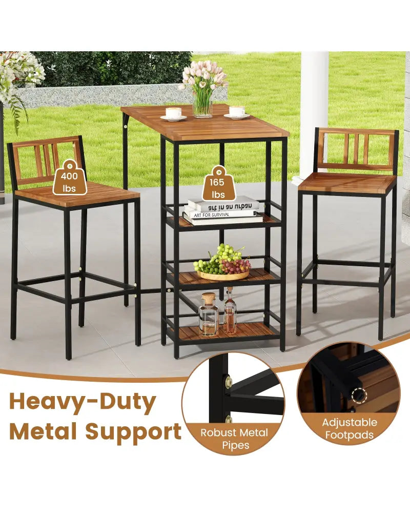 3 Pieces Outdoor Wood Bar Set with 3-Tier Storage Shelf and Metal Frame - Brown - Patio Bar Furniture