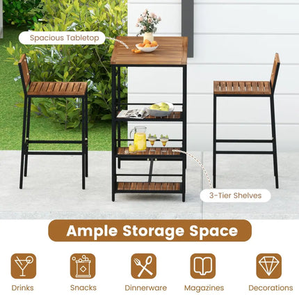 3 Pieces Outdoor Wood Bar Set with 3-Tier Storage Shelf and Metal Frame - Brown - Patio Bar Furniture