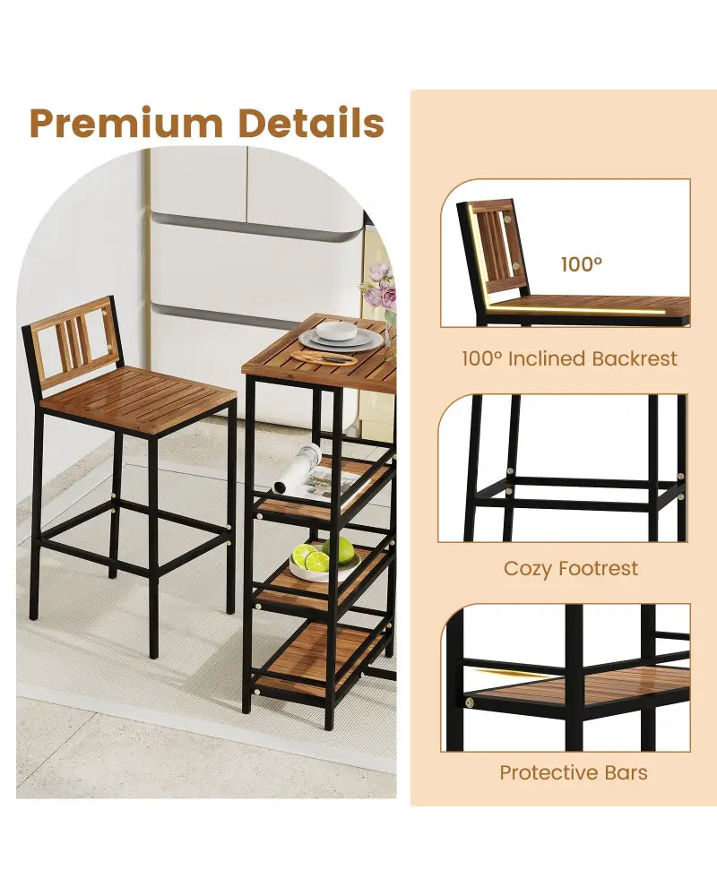 3 Pieces Outdoor Wood Bar Set with 3-Tier Storage Shelf and Metal Frame - Brown - Patio Bar Furniture