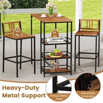 3 Pieces Outdoor Wood Bar Set with 3-Tier Storage Shelf and Metal Frame - Brown - Patio Bar Furniture