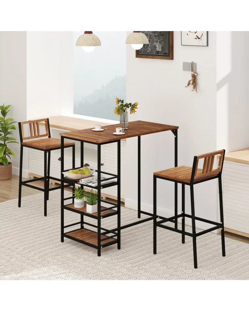 3 Pieces Outdoor Wood Bar Set with 3-Tier Storage Shelf and Metal Frame - Brown - Patio Bar Furniture