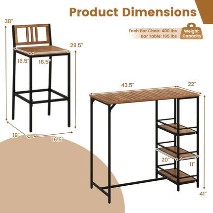 3 Pieces Outdoor Wood Bar Set with 3-Tier Storage Shelf and Metal Frame - Brown - Patio Bar Furniture