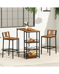 3 Pieces Outdoor Wood Bar Set with 3-Tier Storage Shelf and Metal Frame - Brown - Patio Bar Furniture