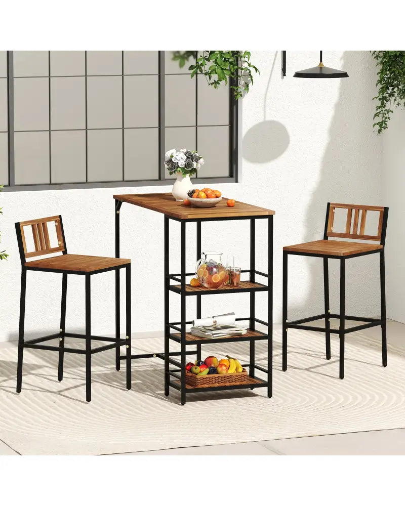 3 Pieces Outdoor Wood Bar Set with 3-Tier Storage Shelf and Metal Frame - Brown - Patio Bar Furniture
