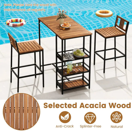 3 Pieces Outdoor Wood Bar Set with 3-Tier Storage Shelf and Metal Frame - Brown - Patio Bar Furniture
